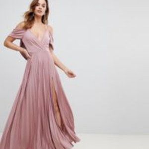 ASOS DESIGN cold shoulder cowl back pleated maxi dress
